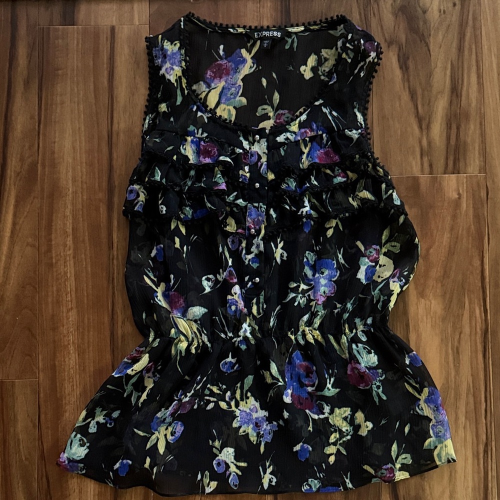Express Black Floral Ruffle Blouse